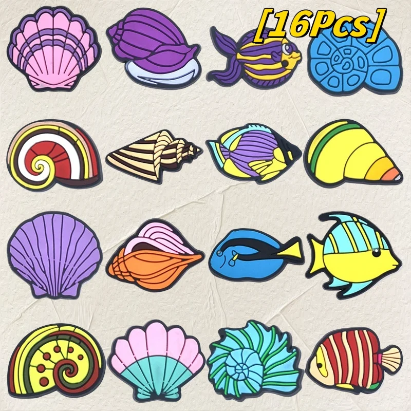 

16Pcs Colorful Sea Fishes Shell Coral PVC Conch Shoe Charms Accessories Kids Buckle Fit Party Present