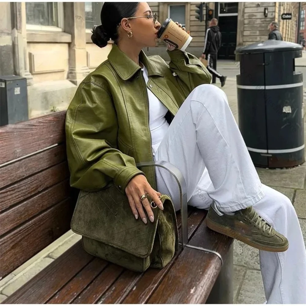 Women's Leather Jacket Zipper Casual Olive Green Fashion Short Leather Jacket Coat Outwear Vintage High Street Trend Overcoat