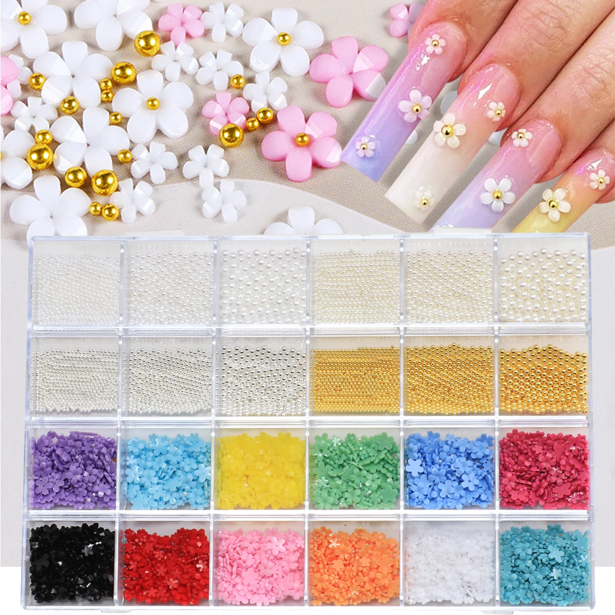 

24 Grid 3D Flower Nail Charm - Exquisite White Petal Ornament with Almond Grains, Handmade Diy Accessories for Nail Art, Cute Ma