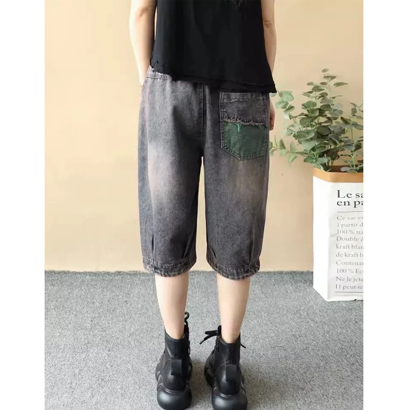 Women Vintage Harajuku Y2K Streetwear Denim Capri Pants Summer Female Casual Patch Baggy Jeans High Waist Loose Cropped Trousers