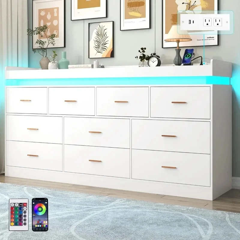 

10 Drawer Dresser with LED and Charging Station, Modern Chest of Drawers for Closet, Wide Organizer Cabinet in White
