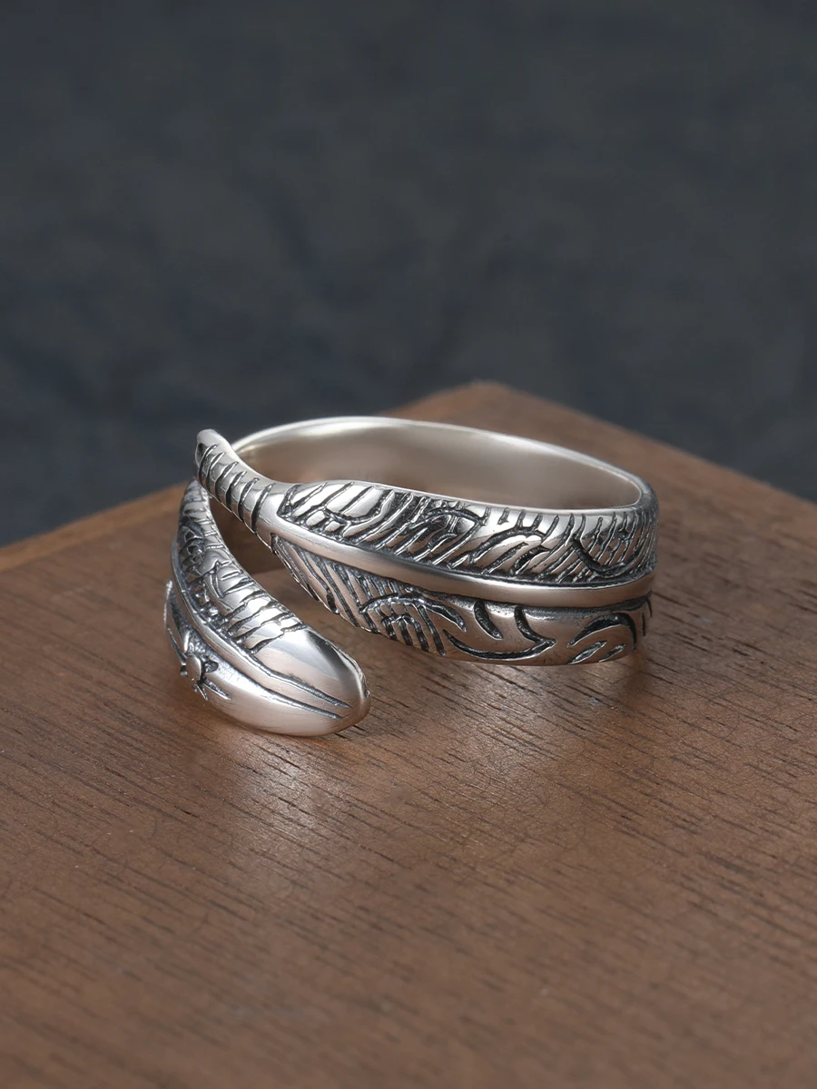 Punk stylish indian style feather ring s925 sterling silver stylish tang grass pattern engraved open ring men