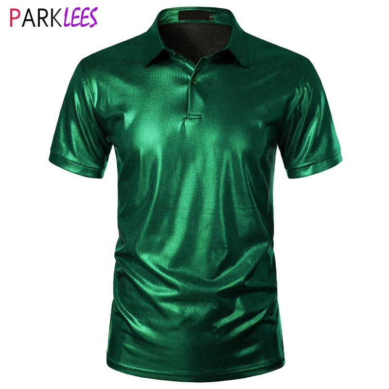 Mens Green Metallic Short Sleeve Polo Shirts 2024 Brand New 70s Disco Nightclub Party Tshirts Turn Down Collar Polos Para Hombre