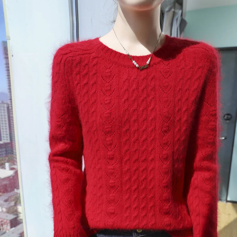 Maglione lavorato a maglia in cashmere di visone puro al 100% da donna girocollo pullover addensato cavo moda camicetta a maniche lunghe allentata di grandi dimensioni