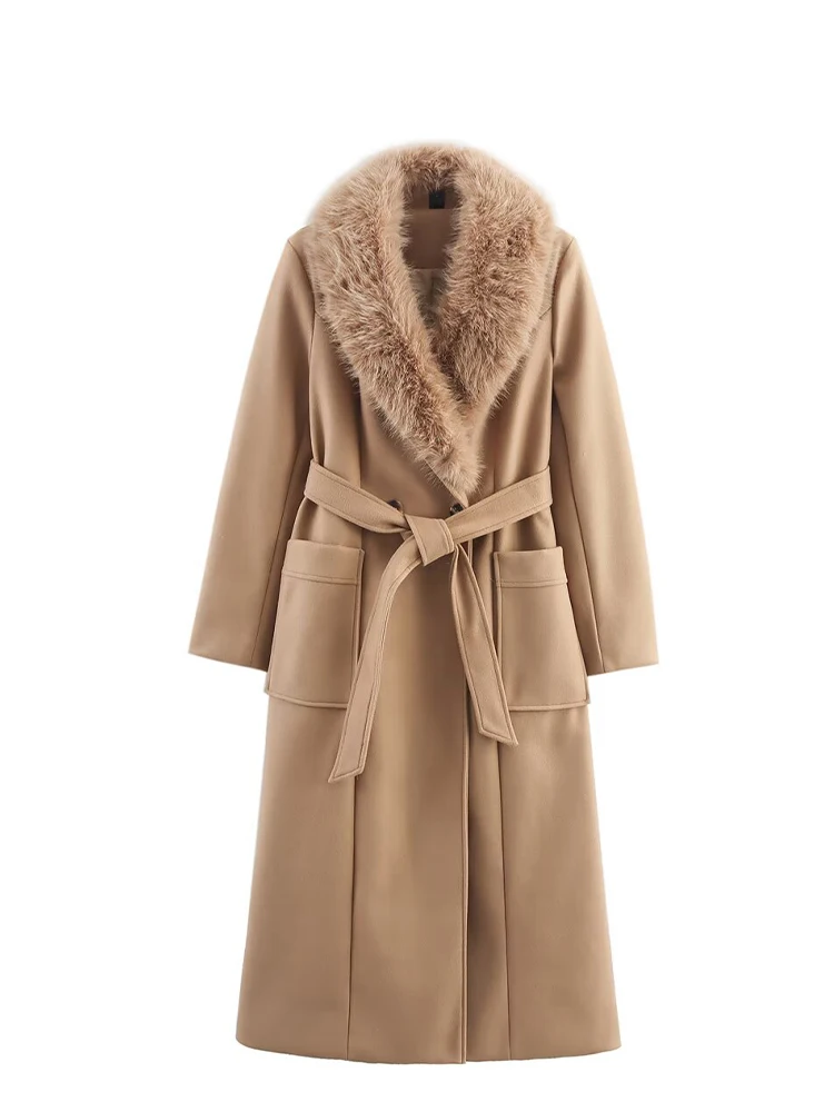 HH Women Autumn Winter New Large Wool Collar Long Woolen Coat Jacket Female Double Pocket Lace-up Casual Temperament Outwear