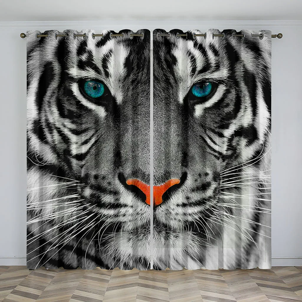 3D Digital Animal Wolf and Tiger Lion Print Curtain, Polyester Shading, Living Room, Bedroom, Kitchen Treatment, Hook Decor, 2 P