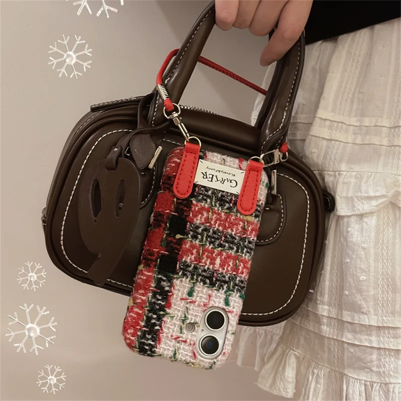 ストラップ付きのカラフルなウールチェック柄の電話ケース、iphone 16 pro、14、13、15、pro max、apple 16、15、ぬいぐるみ用の柔らかいファブリックケース