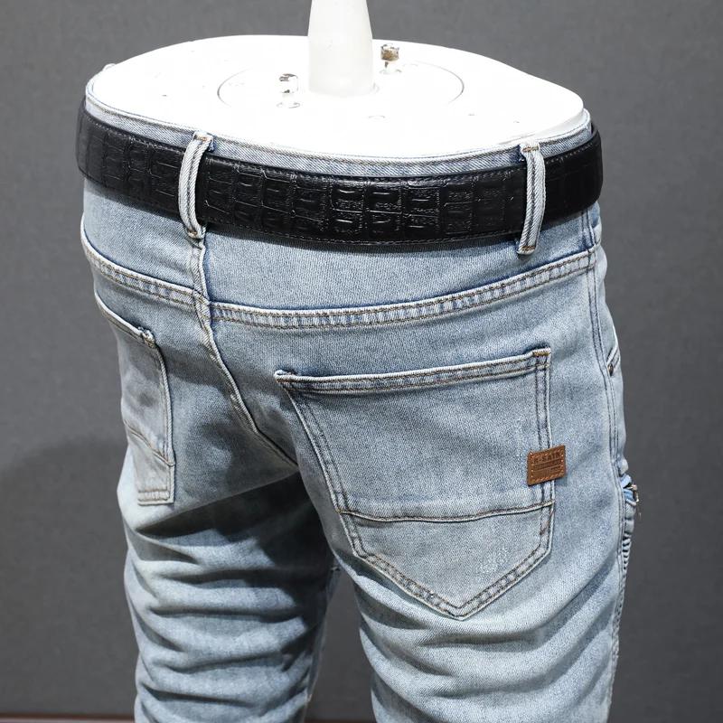 Street Fashion Men Jeans Retro Light Blue Elastic Stretch Skinny Ripped Jeans Men Spliced Patched Designer Hip Hop Pants Hombre