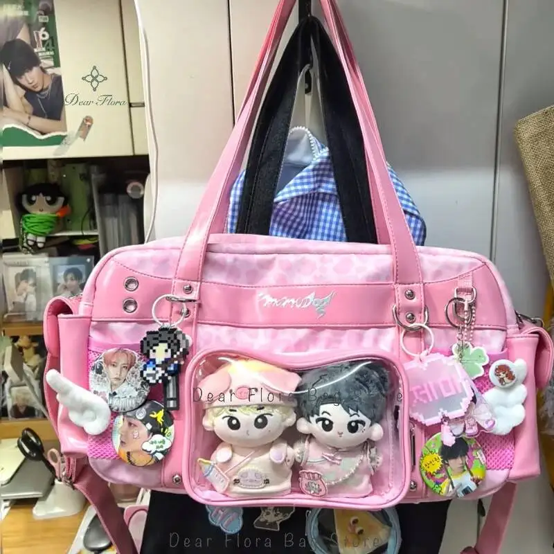 

New Y2k Leopard Ita Shoulder Bag Lolita Girls Transparent Tote Bag Womens Large Capacity Crossbody Bag Cute DIY Display Handbags