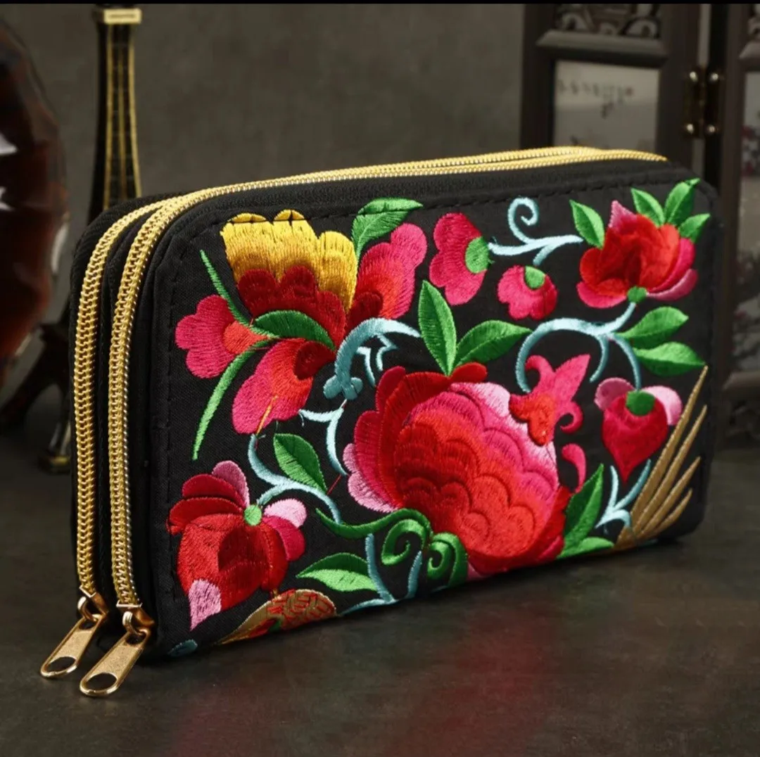 Women\'s wallet Ethnic Embroidery Women Long Wallet High-capacity zipper Wallet Canvas purses Clutch bags Female bag