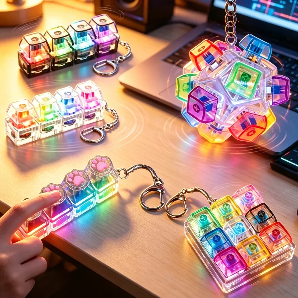 #NEW 4-Key LED Light Up Keychain Fidget Toy Keyboard Design Stress Anxiety Relief Office Desk Decor Birthday Christmas Gifts