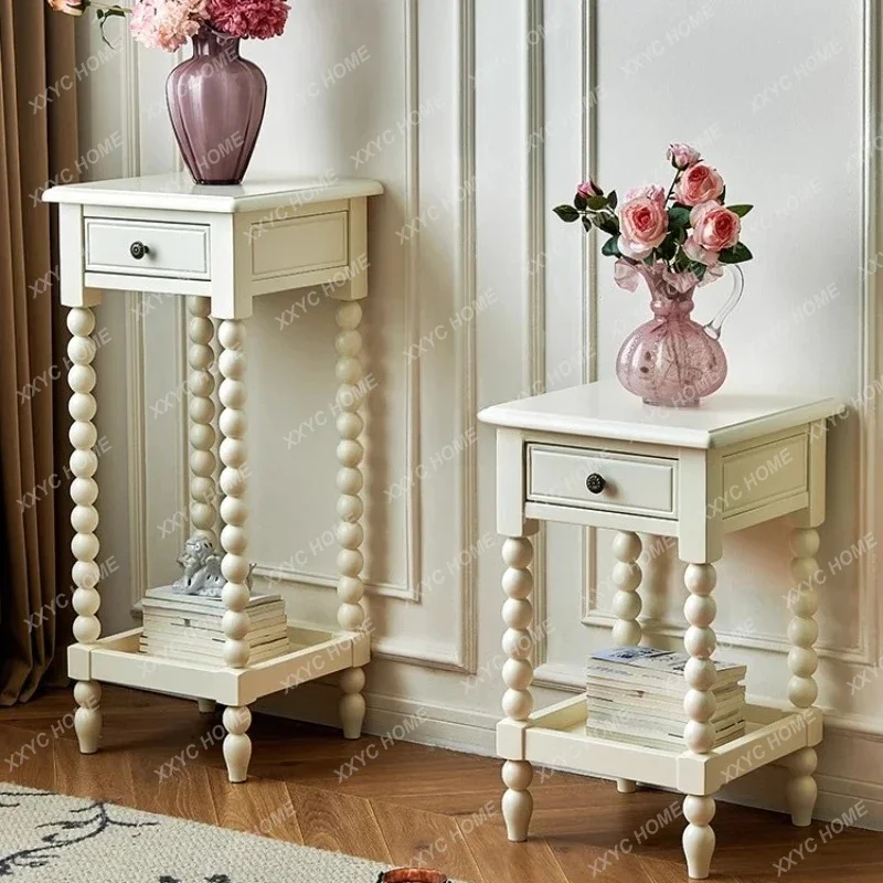 L Cream Wind Solid Wood Flower Stand Walnut Living Room Sofa Side Cabinet Shelf