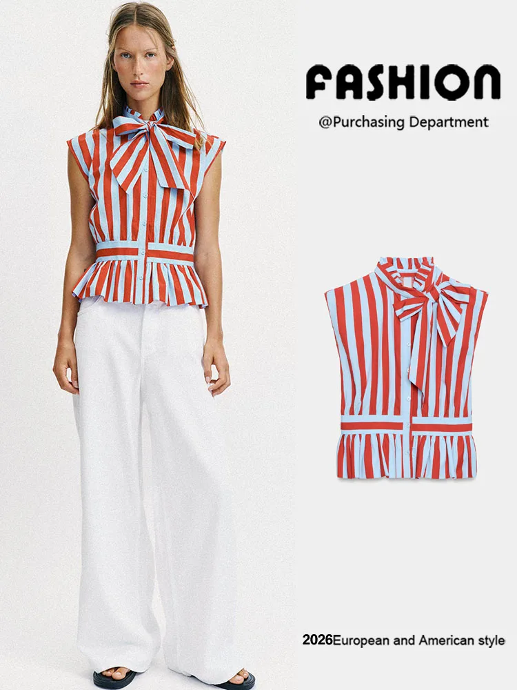 

Summer New Women's Versatile Sleeveless Stand Collar Knot Stripe Shirt Fashionable Casual Business Chinese Style Top