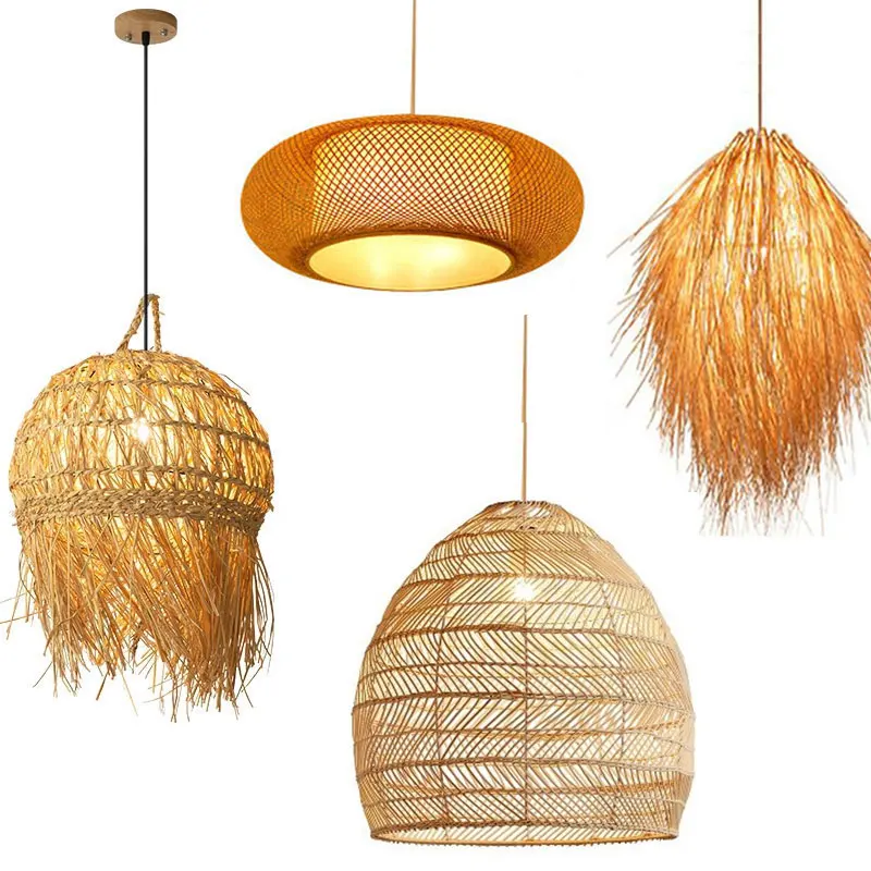 

LED Bamboo Tassel INS lustre pendant Light Natural Rattan Handmade Retro restaurant room decor rural tea room straw Chandelier