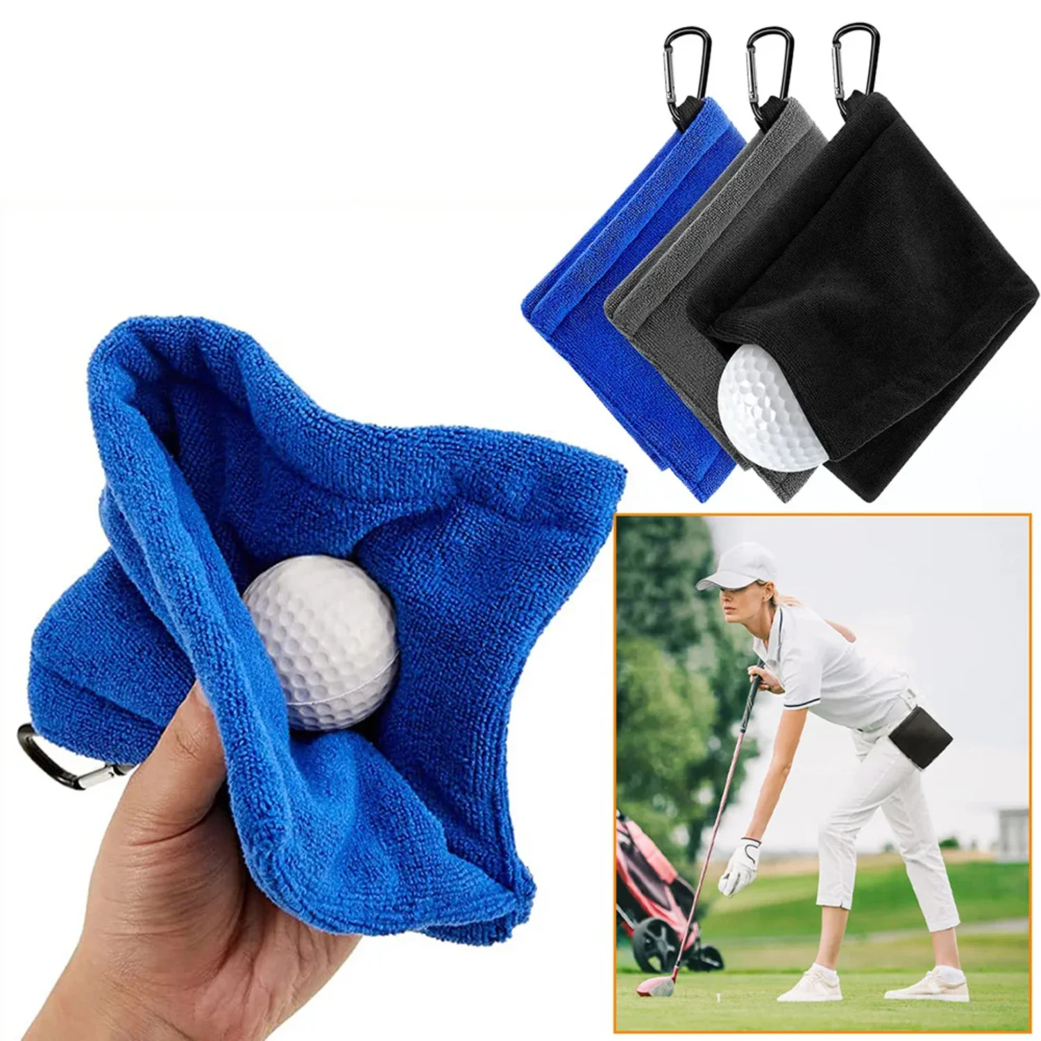 

Square Microfiber Golf Ball Cleaning Towel with Carabiner Hook Water Absorption Cleaner Wipe Cloth Clean