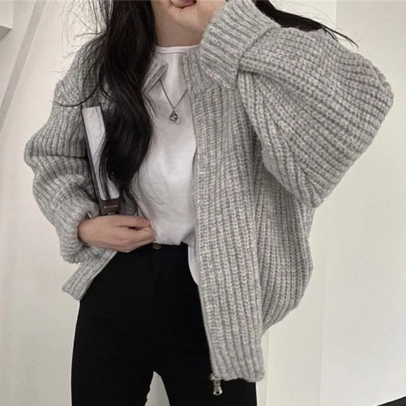 Deeptown Vintage Cropped Zipper Sweater Women Oversized Korean Fashion Autumn Knit Jumper Aesthetic Winter Warm Casual Cardigan