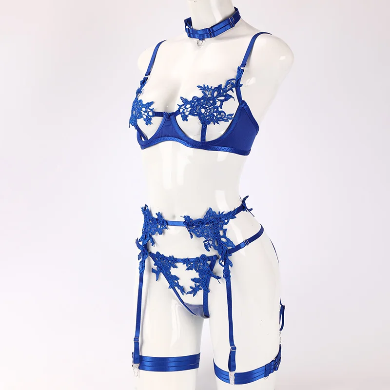 

Комплект кружевного нижнего белья, прозрачный бюстгальтер без косточек и пояс с подвязками и стрингами, бюстгальтер с открытой чашкой, соблазнительное нижнее белье для женщин, сексуальный наряд