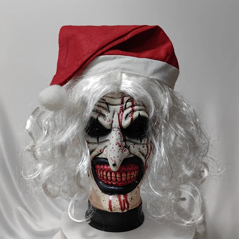 

Страшная маска Terrifier 3, латексная с рождественской шляпой, белые волосы, мягкие маски Джокер Ужасца, маски для косплея, маски для вечеринок клоуна для взрослых, один размер