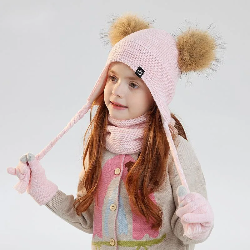 الشتاء بوم بوم الأطفال القبعات مجموعة محبوك يندبروف الفتيات الفتيان قبعات قفازات وشاح الصوف الدافئة في الهواء الطلق قبعات للأطفال القفازات
