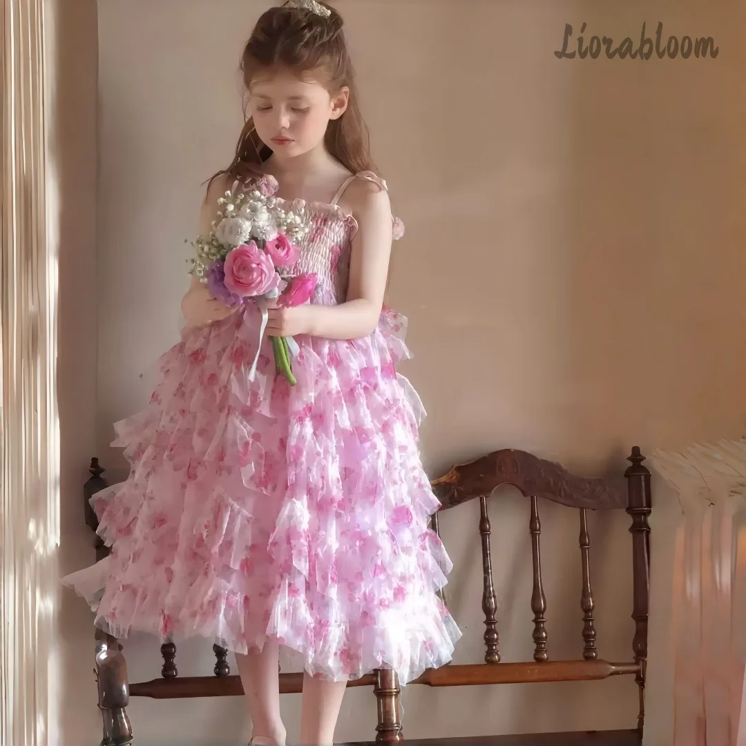 

Girls' Rose-Pink Floral Dress Tulle Flower Girl Gown Layered Voluminous Party Dress Wedding Attire Short Formal Dress