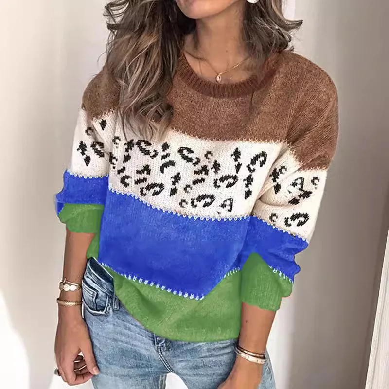 

Pullovers Women Sweaters Leopard Print Round Neck Full Sleeve Jumpers Y2k Streetwear Elegant Splice Knit Work Tops 2025