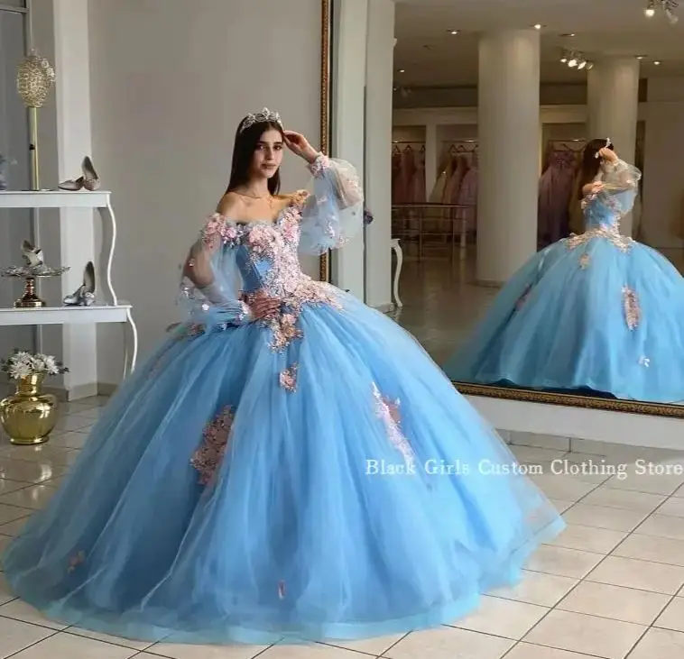 Luksusowe 15 sukienek na Quinceanera 2024 eleganckie tiulowe bez ramiączek z długimi rękawami 3D kwiatowa aplikacja z koralików szata soirées chic