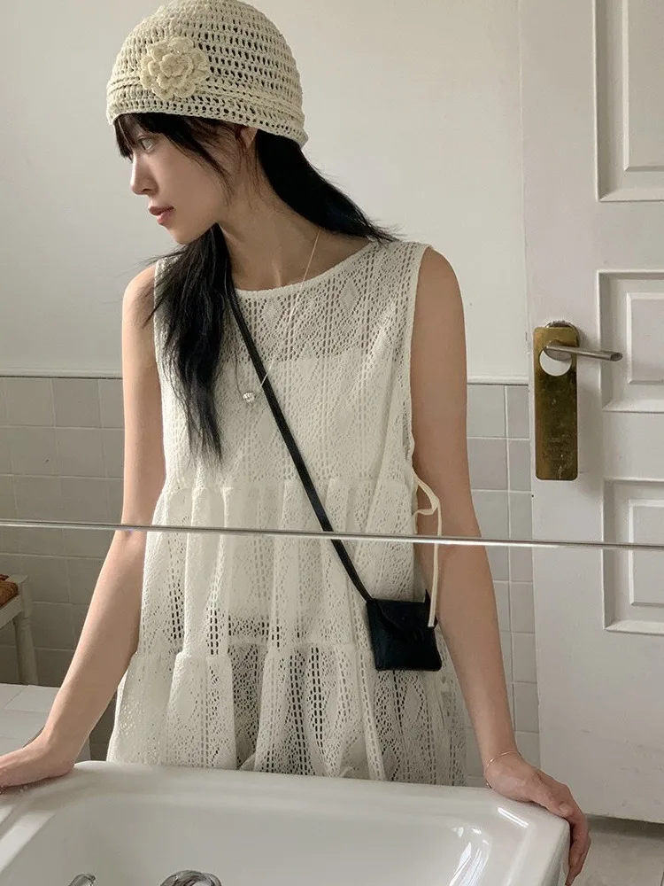 Chic Lace Embroidery Side Bowtie Women's Vest Top Summer Unique Design Sensation Layered Upper Body Korean Style Bubble Sleeve view 5