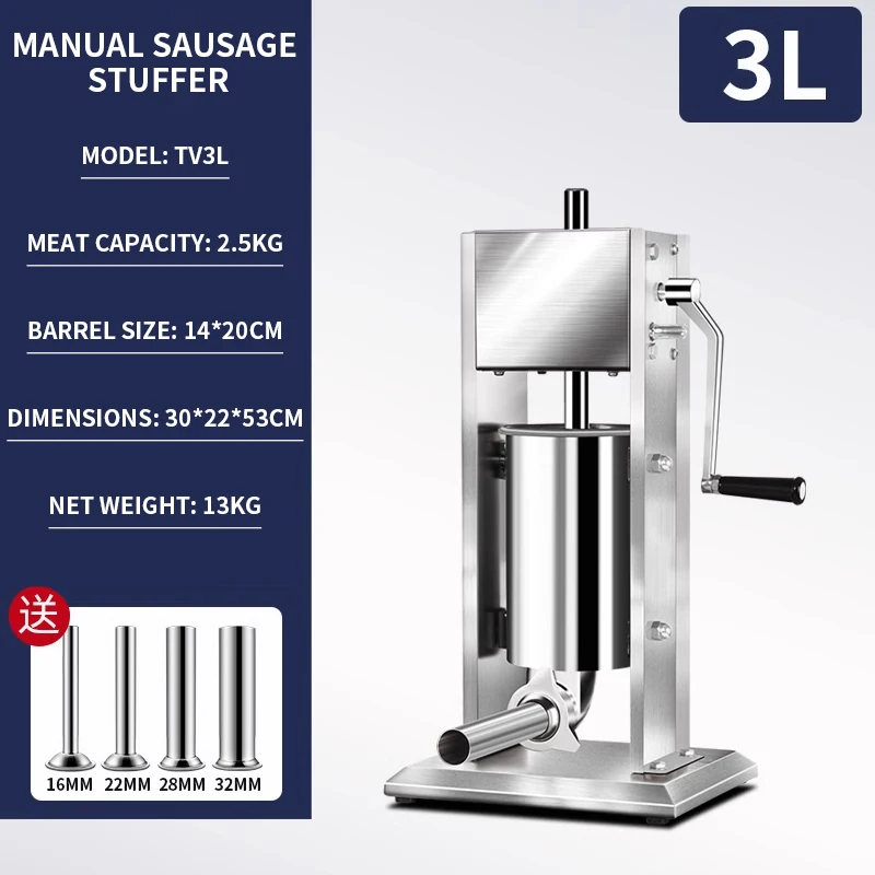 

Manual Sausage Stuffer Filler Maker Meat Filling Machine 3L Vertical 4 Stuffing Tubes Kitchen Appliance Home Commercial