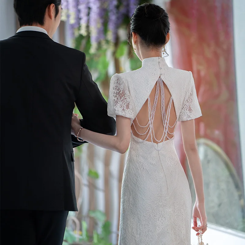 

White Lace Backless Dress Luxury Bride-to-be Engagement Wedding Dress Retro Style Polyester Fiber Spring New Arrival