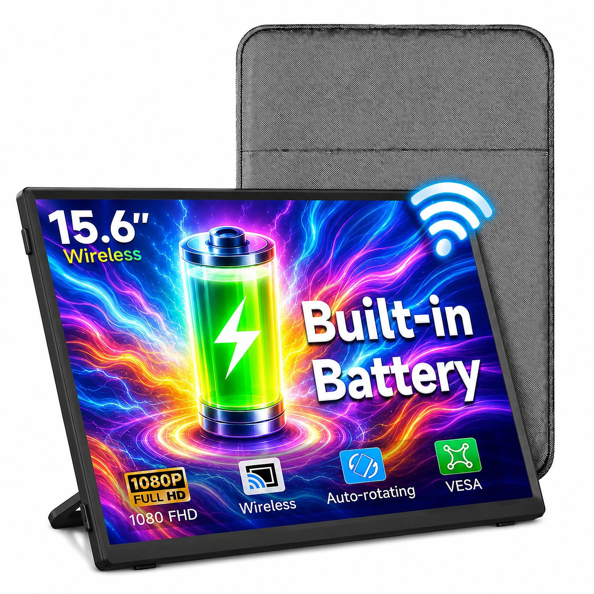 Wireless Portable Monitor 15.6'' Second Screen with 8000mAh Build-in Battery 1080P FHD External Monitor for macbook Windows