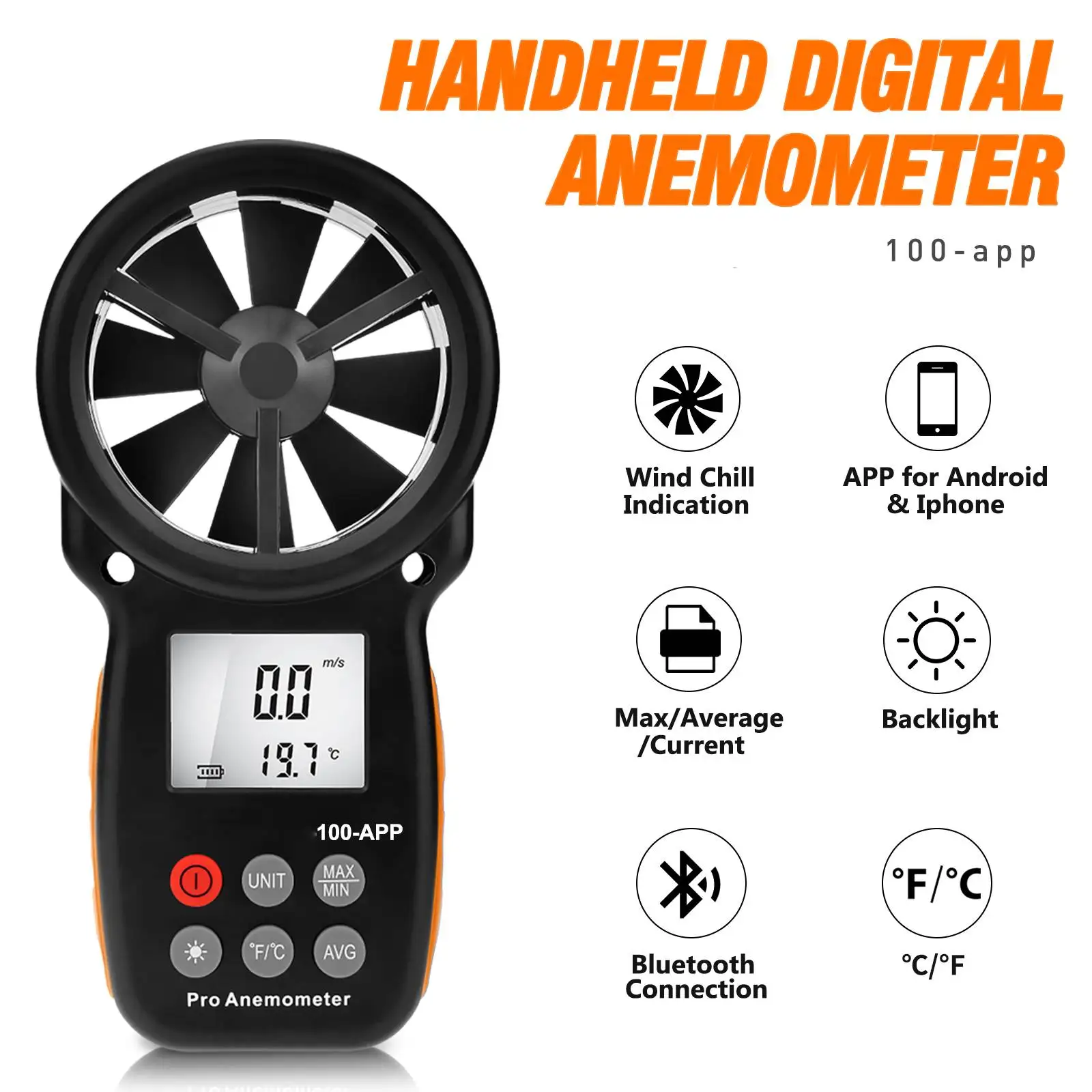 

Handheld Anemometer Bluetooth, Digital Wireless Wind Speed Gauge Meter, Air Flow Velocity Temperature CFM Measuring Device