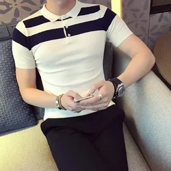 2026 Summer T-shirt Men's Short Sleeve Korean Version Trend Slim Lapel Half Sleeve Knitted Ice Silk Tide Brand Color T-shirt