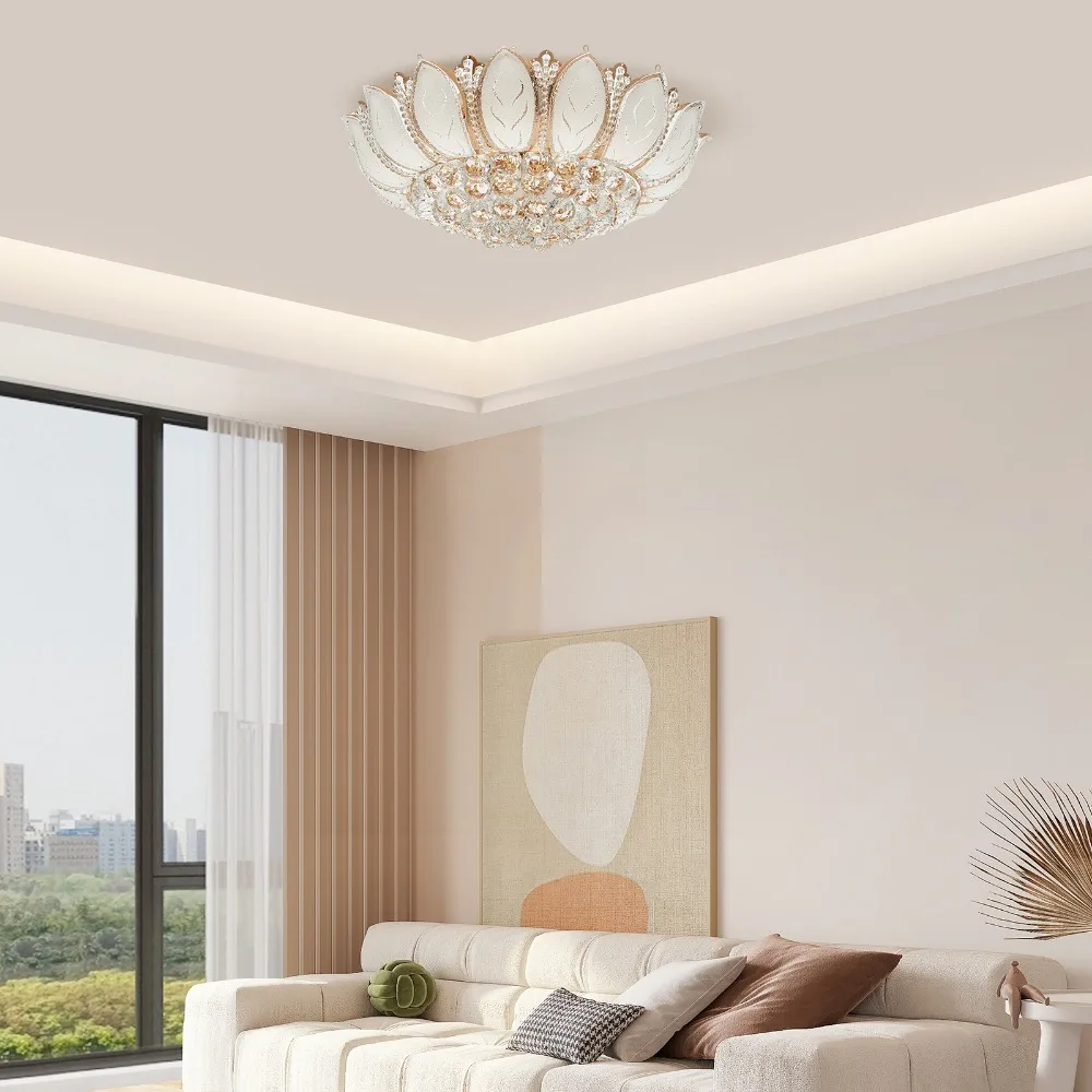 

Modern Crystal Chandelier Dimmable Luxury Flush Mount LED Ceiling Lamp Lotus Flower Shape Pendant Lighting Fixture for Home