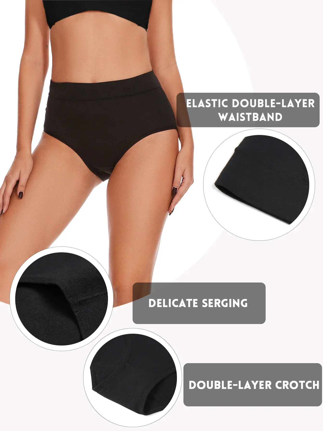 5 PCS High Waisted Underwear Briefs for Women 95% Polyester Fabric Soft Stretchable Ladies Full Coverage Panties Black