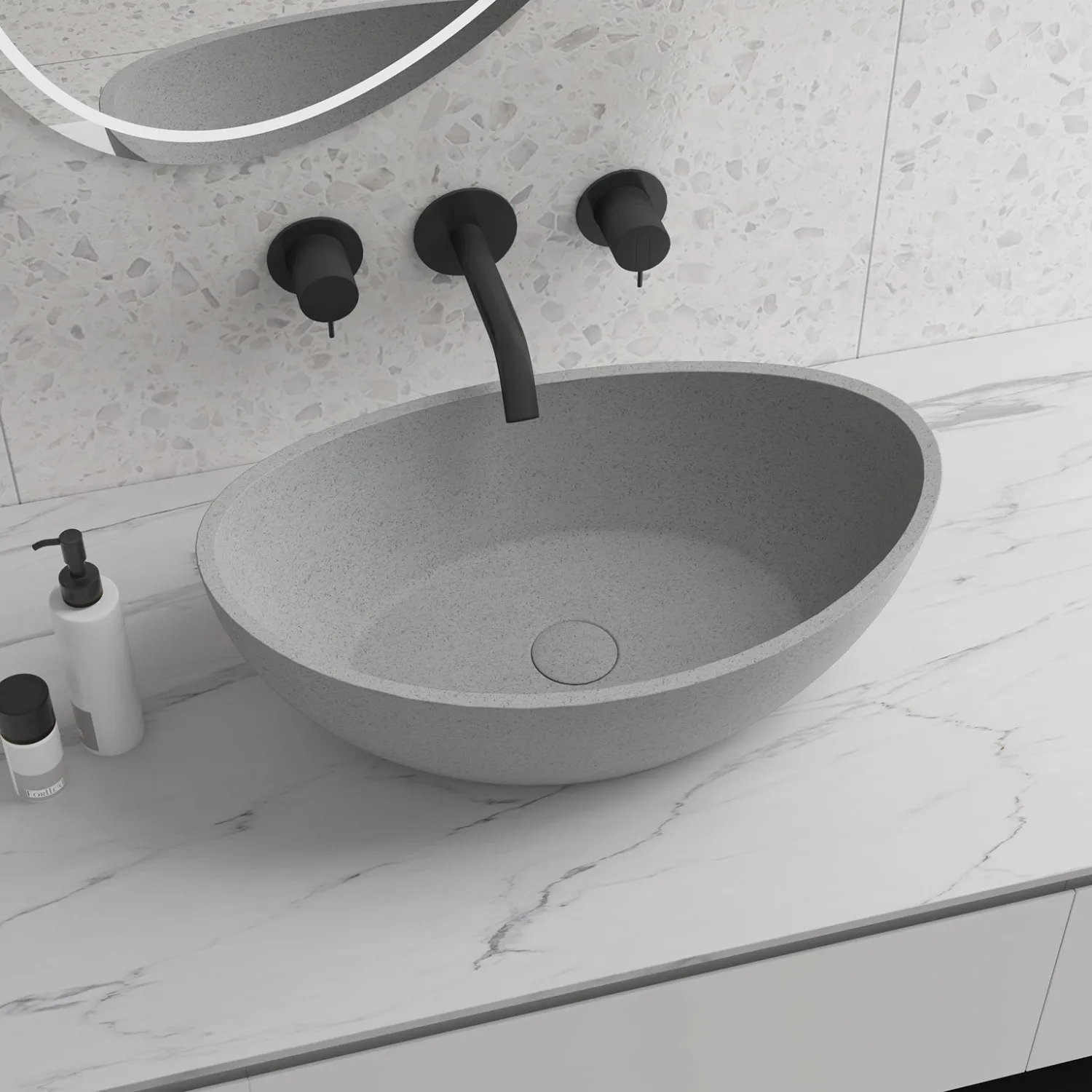 

Oval Concrete Vessel Bathroom Sink Handmade Concreto Stone Basin Counter Freestanding Bathroom Vessel Sink in Grey without Fauce