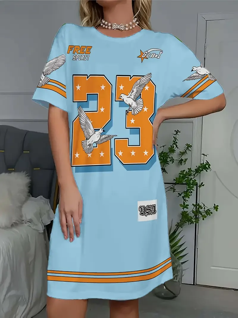 Letnia damska sukienka T-shirt plus size, codzienna, z nadrukiem Gołębia Pokoju nr 23, damska sukienka wkładana przez głowę z krótkim rękawem, odzież damska.