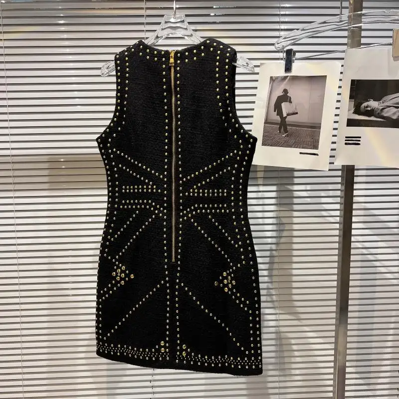 فستان ميدي صوفي بتصميم عمل ثقيل مع مسامير معدنية، طراز جديد لفصل الخريف، بتصميم عطري خفيف، مع حزام عند الخصر، فستان ميدي أنيق...