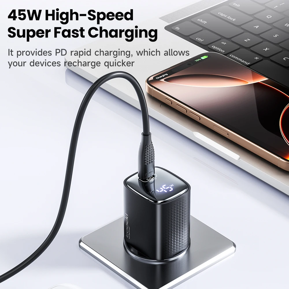 Toocki PD 45W GaN USB Charger For Phone Super Fast Charging 2.0 QC 3.0 LED Display Type C Charger For Samsung S25 iPhone 17 Pro