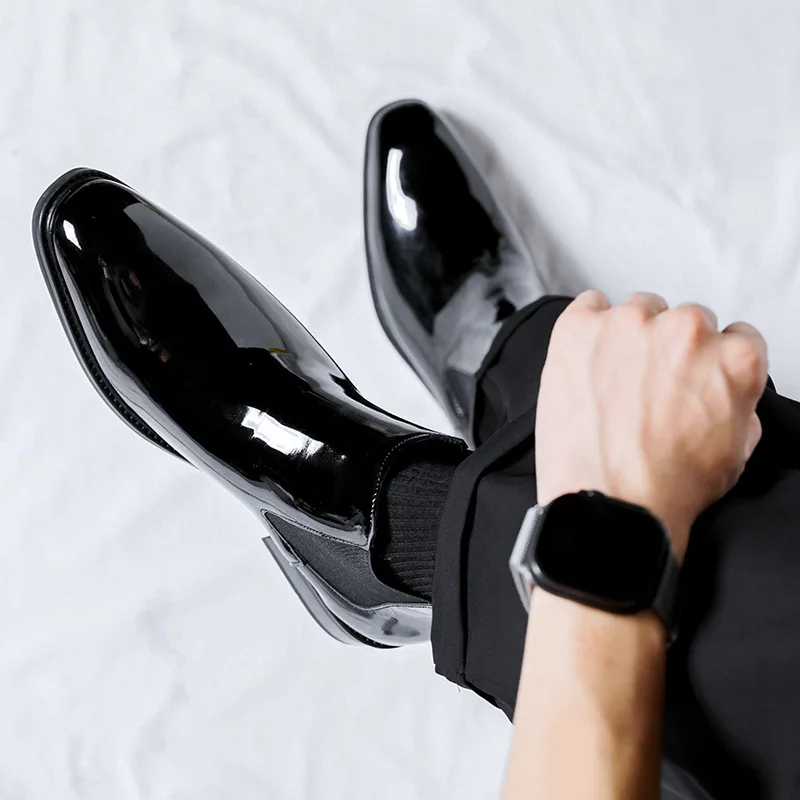 men fashion chelsea boots patent leather shoes business wedding dress pointed toe cowboy ankle boot black trendy short botas man