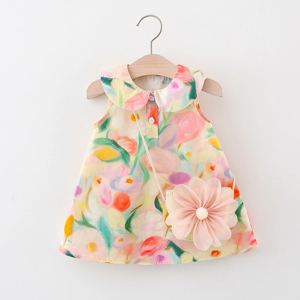 

Летняя новая детская одежда: платье для девочек с цветочным принтом, воротником-куклой и без рукавов, в комплекте с плетеной сумкой с цветочным узором в подарок.