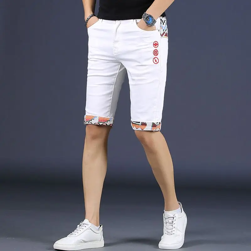 Summer New 2025 White Five-point Men's Korean High-end Embroidered Casual Denim Shorts Slim Elastic Pants Streetwear Clothing