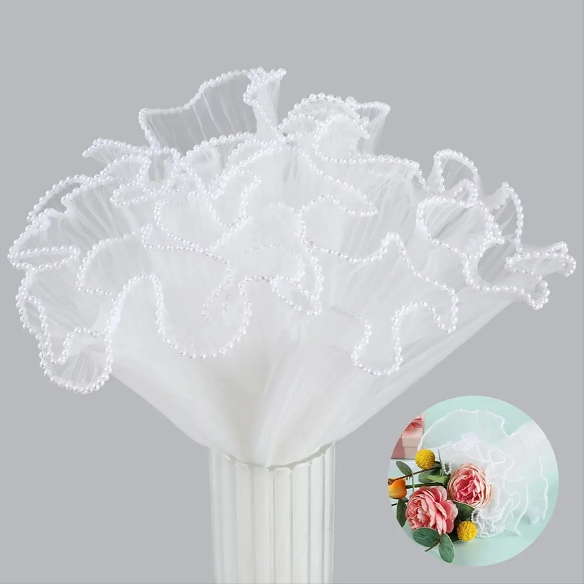 ABJS 2 Pack 4.5 Yard White Flower Wrapping Paper Pearl Edge Mesh Bouquet Wrapping Paper Pearl Wrinkled Wave Net Yarn