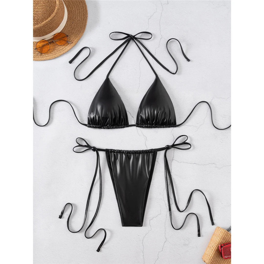 PU-Kunstleder, sexy Mini-Micro-String-Bikini, Damen-Badeanzug, zweiteiliges Bikini-Set, Badebekleidung, Badeanzug, Modell V6428. – Detail 9
