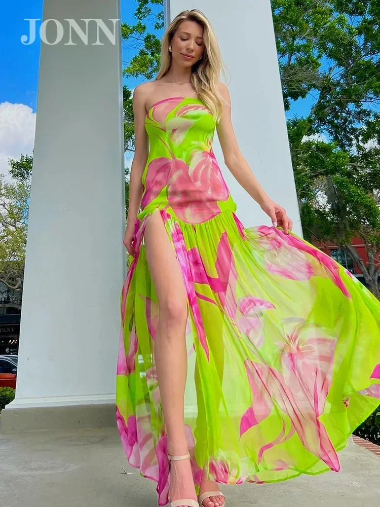 

JONN 2024 New Summer Women's Fashionable Green Strapless Sleeveless Printed Beach Vacation High Slit Long Dress