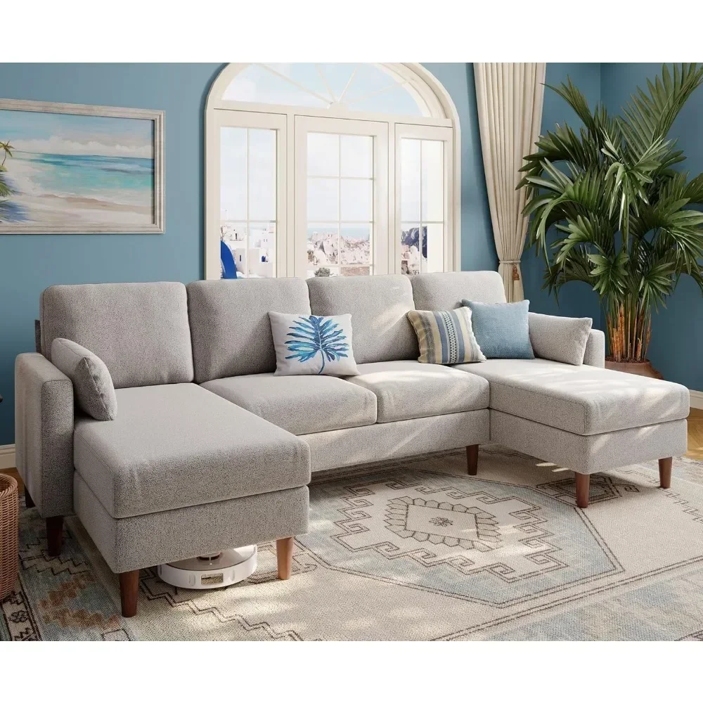 

Chenille U-Shaped Couch with Chaises and 2 Armrest Pillows, Reversible 4-Seat Modern Sectional Couch for Living Room