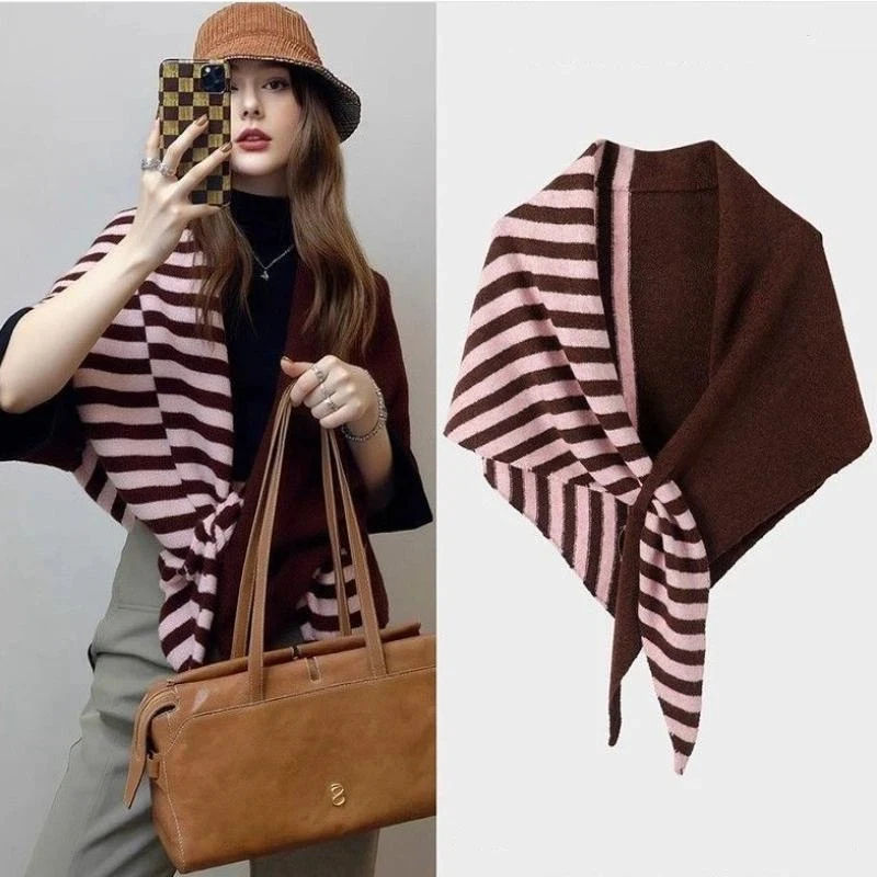 

Шарф с цветными полосками для женщин, вязаная большая треугольная шаль, зимняя универсальная вязаная шаль, теплый шарф〔CC55〕
