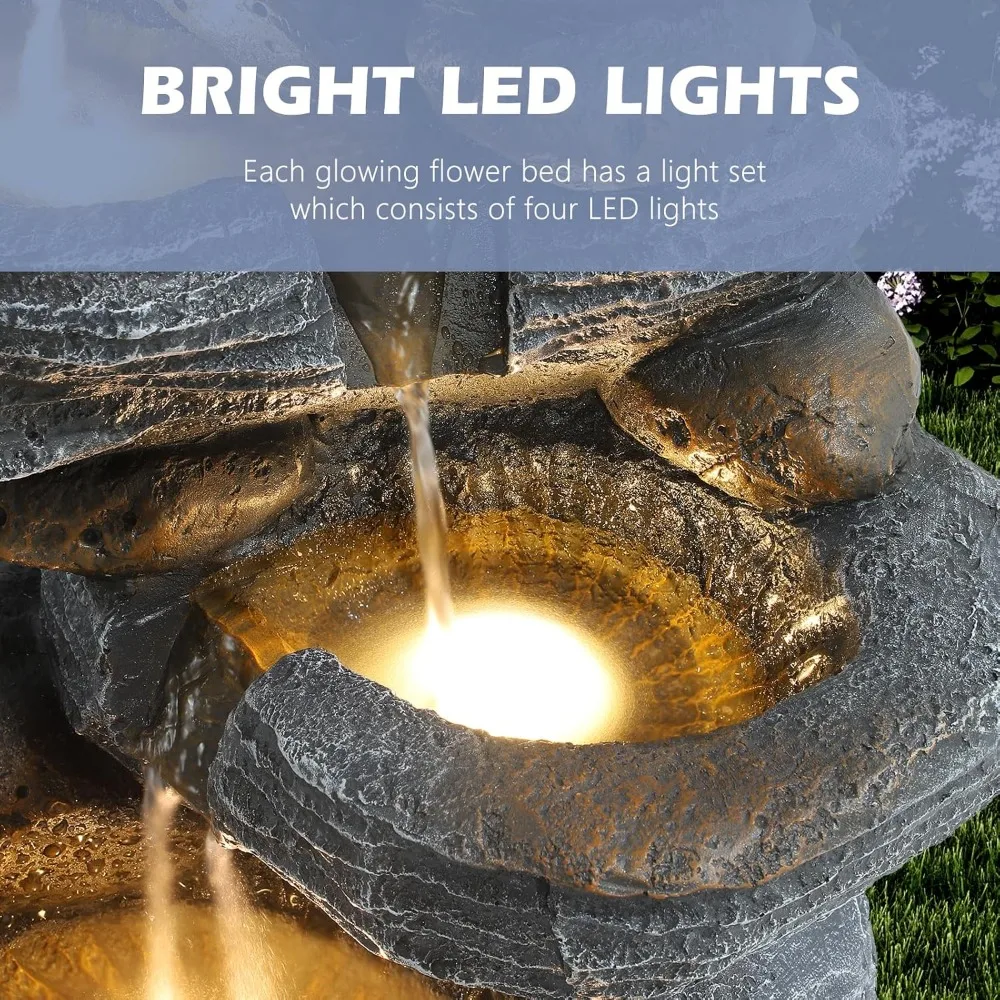 

5-Tier Cascading Rock Waterfall Fountain with 4 LED Lights, Outdoor Garden Patio Yard Decor Natural Stone Look