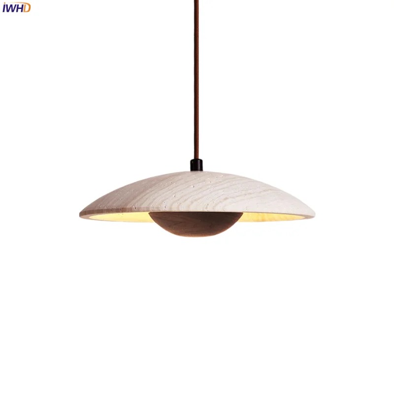

IWHD Wood Stone LED Pendant Lights Interior Lighting For Living Room Decoration Home Yellow Travertine Hanging Lamp Luminaire