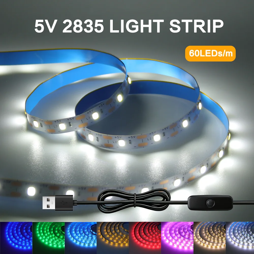 5V LED Strip Light with USB OFF ON Switch 2835 60Leds/m Flexible LED Tape Room Decor White Warm White Red Blue DIY TV Backlight