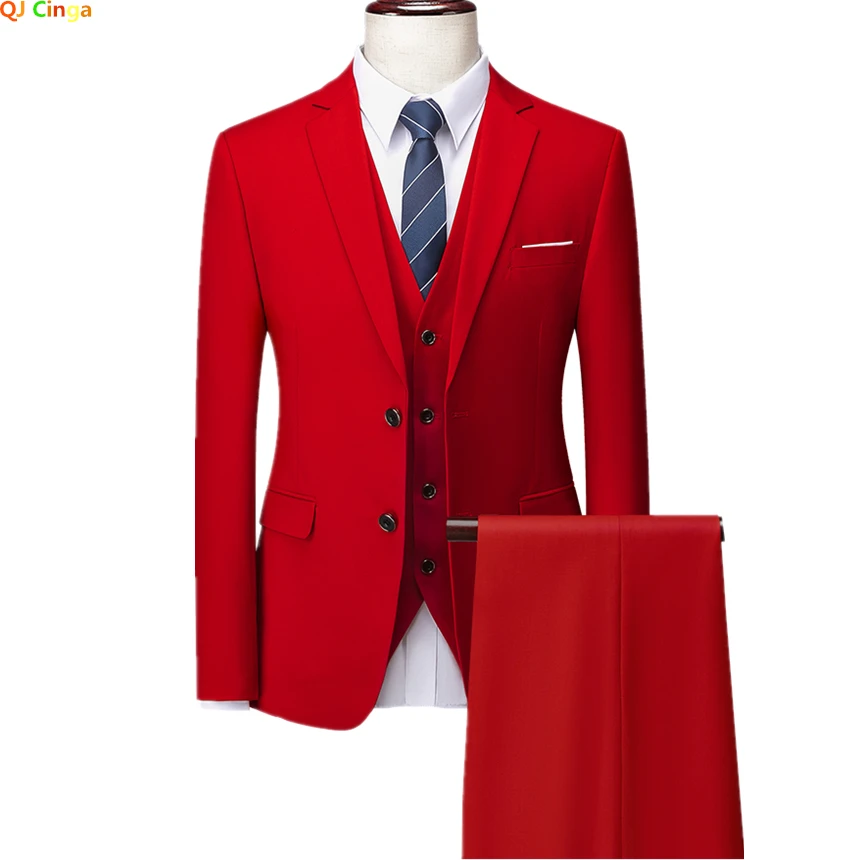 Pure Color Suit 3 Piece Men's Wedding Party Dress Jacket Vest Trousers Fashion Slim Fit Blazer Waistcoat Pants Red Blue Green